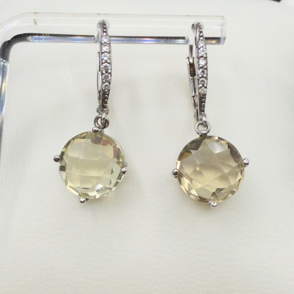 Sterling Silver Lemon Quartz Hinged Dangle Drop Earrings CZ Accents